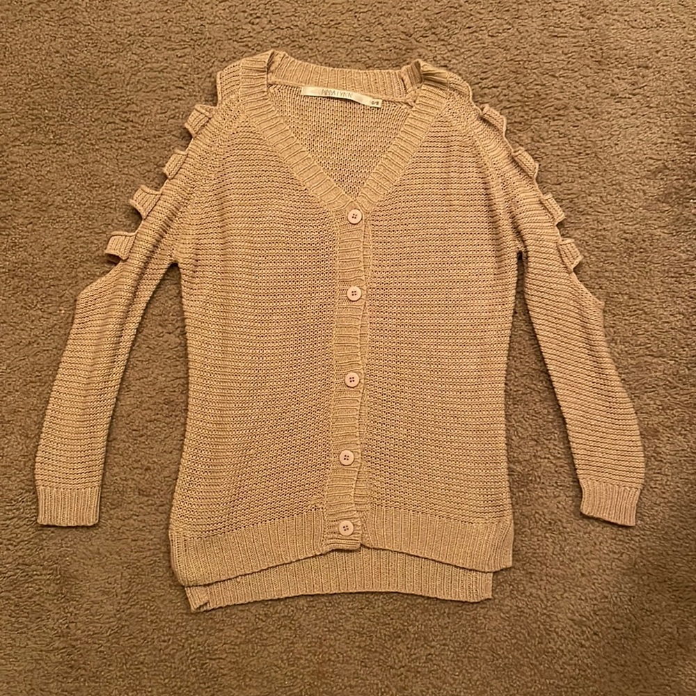 Pippa Lynn, one size, tan cardigan with cutouts on sleeves